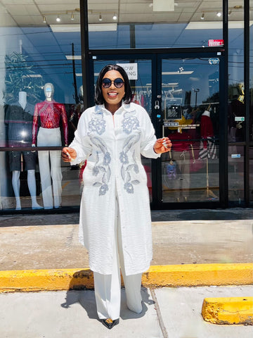 CHARMAINE SEQUINED EMBROIDERY LINEN BLEND SHIRT DRESS