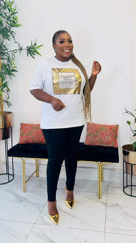 POSITIVE THOUGHTS GOLD FOIL GRAPHIC PRINT T-SHIRT TOP (white)