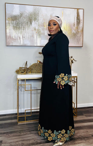 Blooming Floral Patch Lace Kaftan Maxi Dress (Gold)