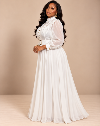 Genevieve Regal Ruffle Chiffon Maxi Dress – white