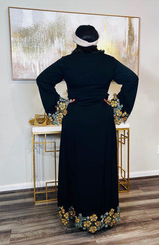 Blooming Floral Patch Lace Kaftan Maxi Dress (Gold)