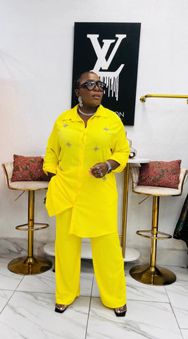 Citrine Élan Embellished Shirt Dress / Pant Set - Yellow