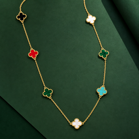 14K GOLD PLATED 36 INCH LONG  CLOVER MULTICOLOR NECKLACE