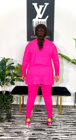 Cuttie Round Neck Long Sleeve 2 Piece Lounge Set (Hot Pink)