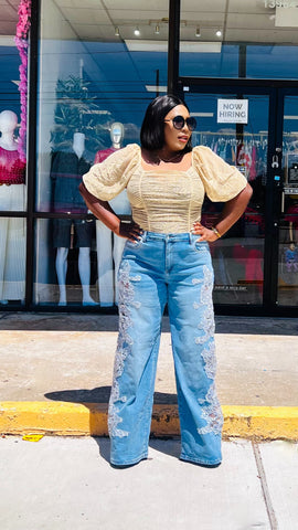BLOSSOM FLORAL LACE APPLIQUÉ   WIDE LEG JEANS