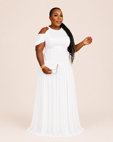 Vionelle Beaded Draped Off-Shoulder Occasion Maxi Dress - White