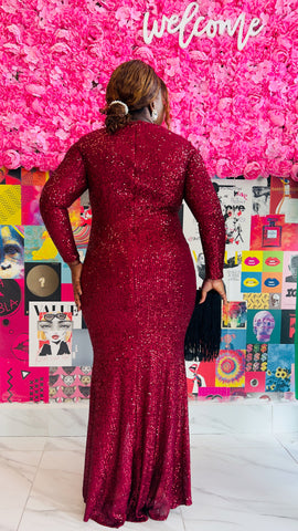 SCARLETT SEQUINED FRONT DRAPE LONG SLEEVE OCCASION MAXI DRESS (Wine)