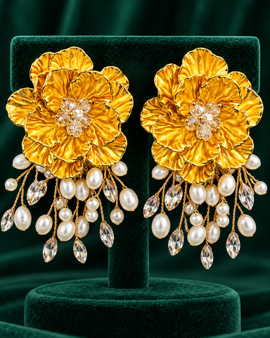Solmara Bloom Pearl Cascade Statement Earrings - Gold