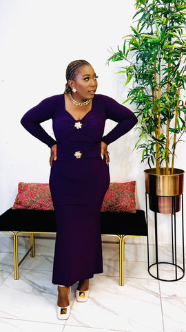 ARIANA MERMAID GOLD BOLD BUTTON MIDI DRESS ( Purple)