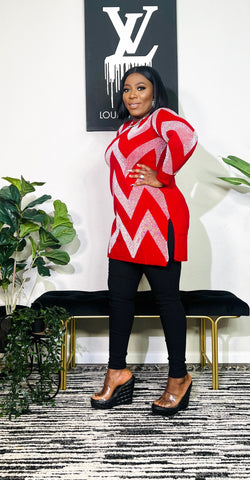 Icy Warmth Silver Zig Zag Tunic Sweater Top (Red)