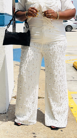 JULES PEARLS AND STONES WIDE LEG JEANS (Ivory)