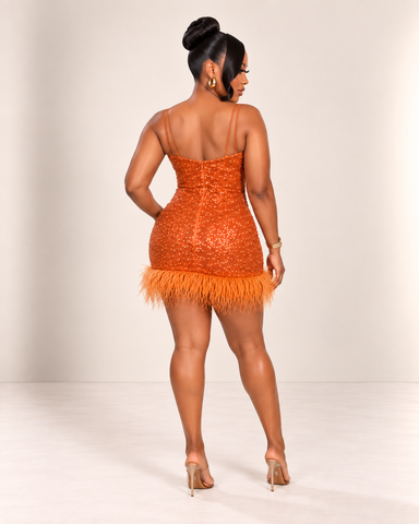 Soirea Sequin Feather Mini Dress - Orange