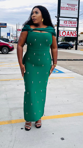 ELARA EMBELLISHED DRAPE BANDAGE DRESS – Emerald