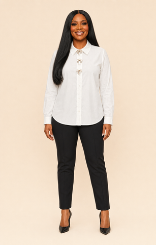 Elodie Pearl Bow Brooch Cotton Shirt – Ivory/White