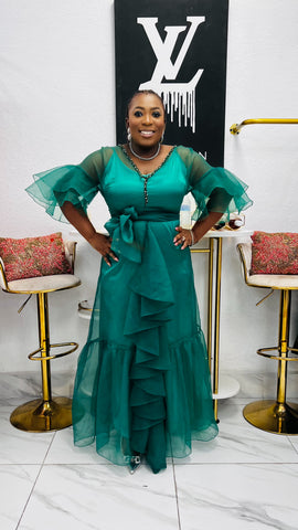 EMERÁLDE Ruffle Beaded Neckline Organza Maxi Dress