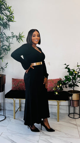 MARTHA RIBBED V-NECK SWEATER DRESS (black)