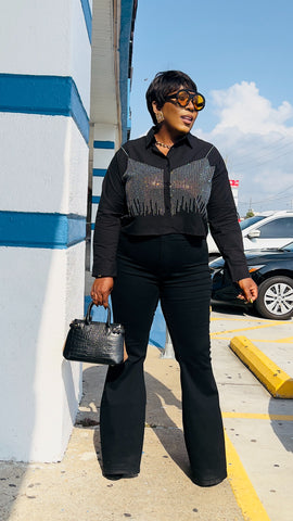 TONYA RHINESTONE CROP SHIRT TOP(Black)