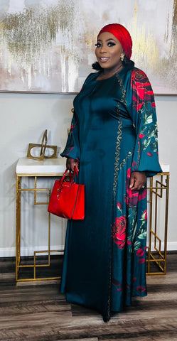 Emerald Floral Rhinestone Silk Maxi Dress