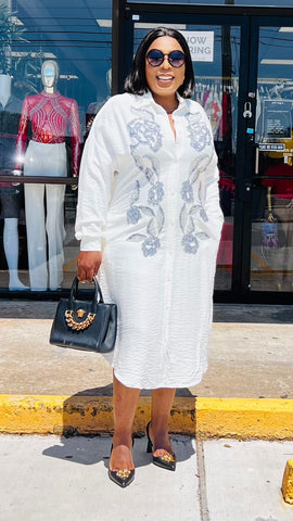 CHARMAINE SEQUINED EMBROIDERY LINEN BLEND SHIRT DRESS