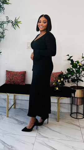 MARTHA RIBBED V-NECK SWEATER DRESS (black)