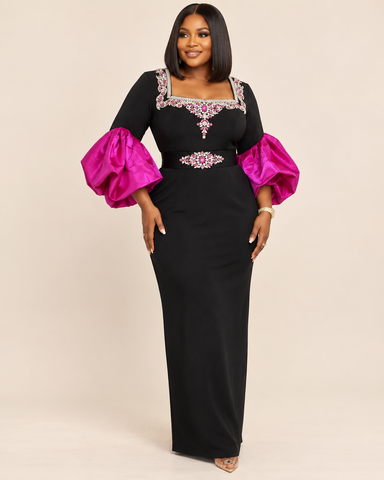 Marvelle Jeweled Puff Sleeve Maxi Dress