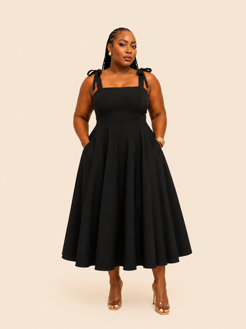 Arielle Smocked Bow Strap Dress - Black