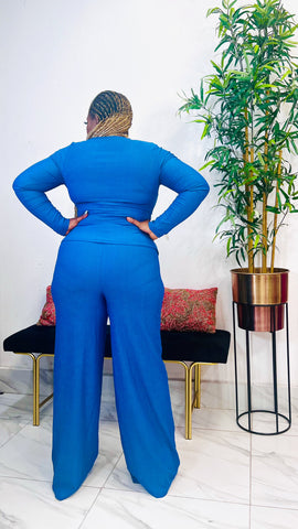 LUCIA SIDE BUCKLE V-NECK PANT SET ( Denim Blue)
