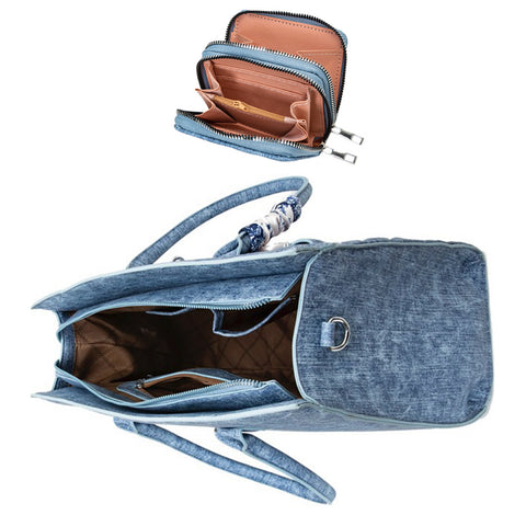 LORNA 3IN1 QUILTED DENIM SCARF HANDLE SATCHEL BAG