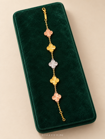 Fortune Tri-Tone Clover Necklace & Bracelet Set - Gold