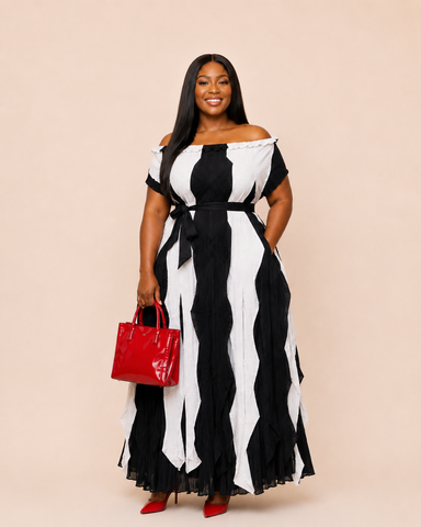 Avelisse Cascade Pleated Statement Miyake Set – Black/White