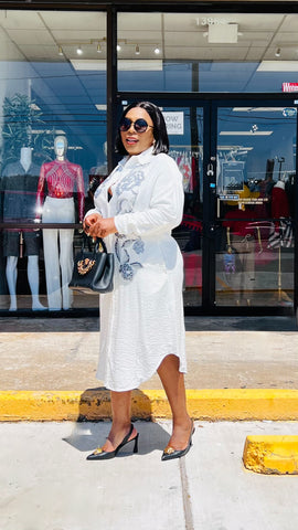 CHARMAINE SEQUINED EMBROIDERY LINEN BLEND SHIRT DRESS