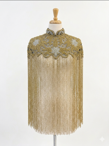 OPULENCE VINTAGE BEADED TASSEL CAPE TOP - Gold