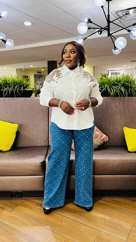 Mireya Vintage Mesh Embroidered Pearl Shirt / Top - White