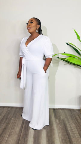 CHERRIES V-NECK WIDE LEG JUMPSUIT ( white)