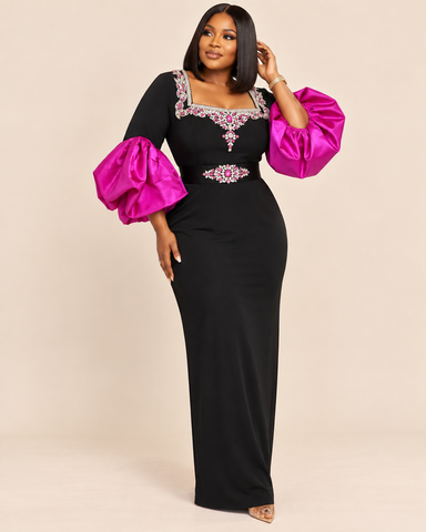 Marvelle Jeweled Puff Sleeve Maxi Dress