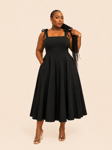 Arielle Smocked Bow Strap Dress - Black