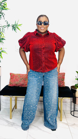 ROULETTE SHIMMER PUFF SLEEVE TOP (Red)