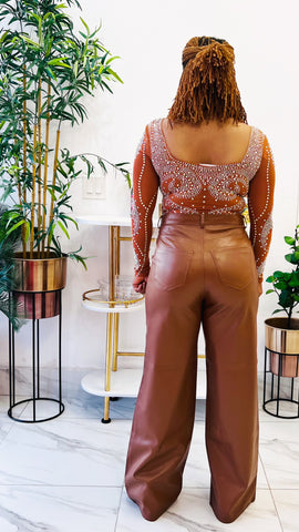 THELMA RHINESTONE SWEET HEART NECKLINE BODYSUIT TOP (Tan)