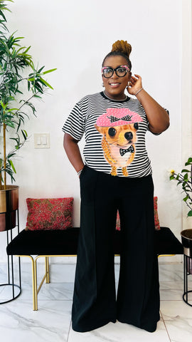 OAXLEY PEARL EMBELLISHED GRAPHIC PRINT STRIPE OVERSIZED TSHIRT TOP