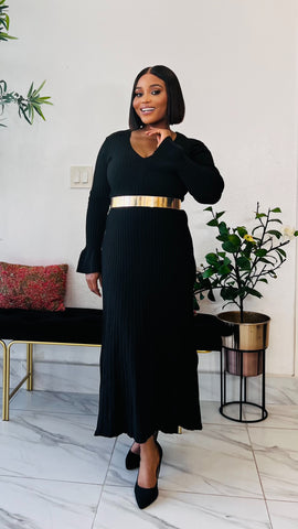 MARTHA RIBBED V-NECK SWEATER DRESS (black)