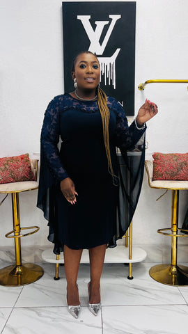 The NOIRÉLLE Embellished Cape Sleeve Elegance Dress - Navy