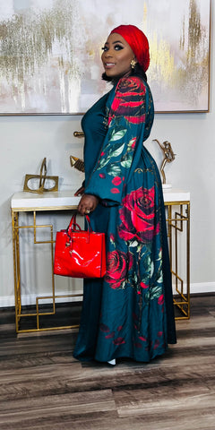 Emerald Floral Rhinestone Silk Maxi Dress