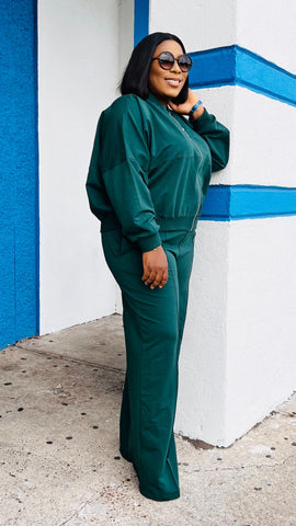 Keep It Classy Zip Up Wide Leg Pants Set (Green)