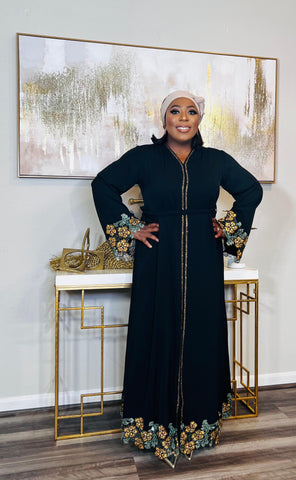 Blooming Floral Patch Lace Kaftan Maxi Dress (Gold)