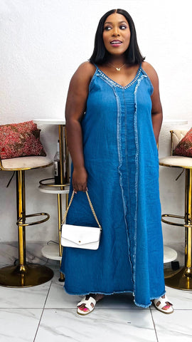 AZARIAH Frayed Edge Denim Maxi Dress