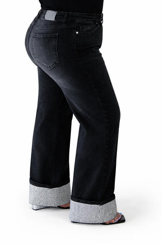 After-Party Crystal Cuff Denim Jeans (Black)