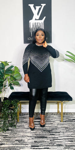 Icy Warmth Silver V Tunic Sweater Top (Black)