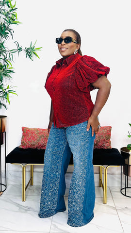 ROULETTE SHIMMER PUFF SLEEVE TOP (Red)