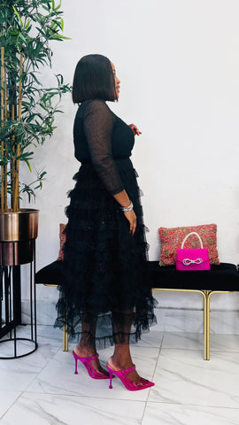 KATHY TULLE TIERED FITTED SKATER DRESS (Black)