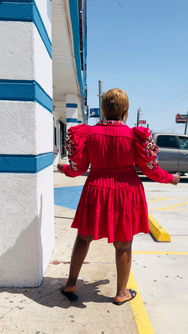 JACINTH EMBROIDERED PUFF SLEEVE EXCLUSIVE DRESS(Fushia)